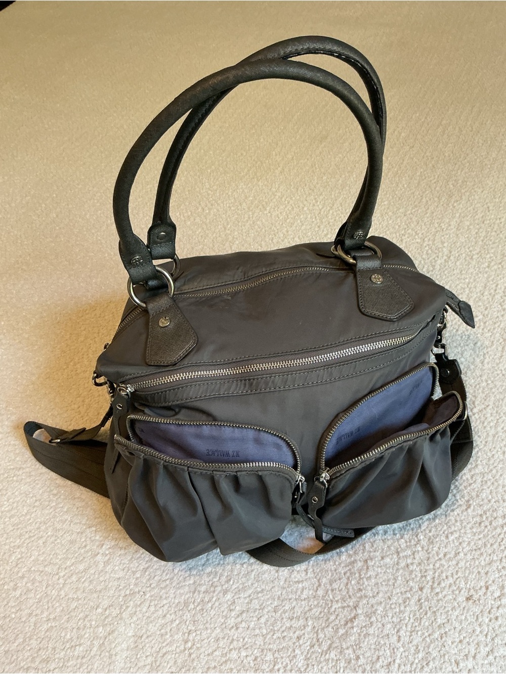 MZ Wallace Dark Gray Nylon Hobo Bag with Navy Interior